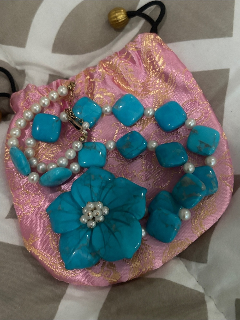 14 k gold fild genuine pearl and turquoise necklace